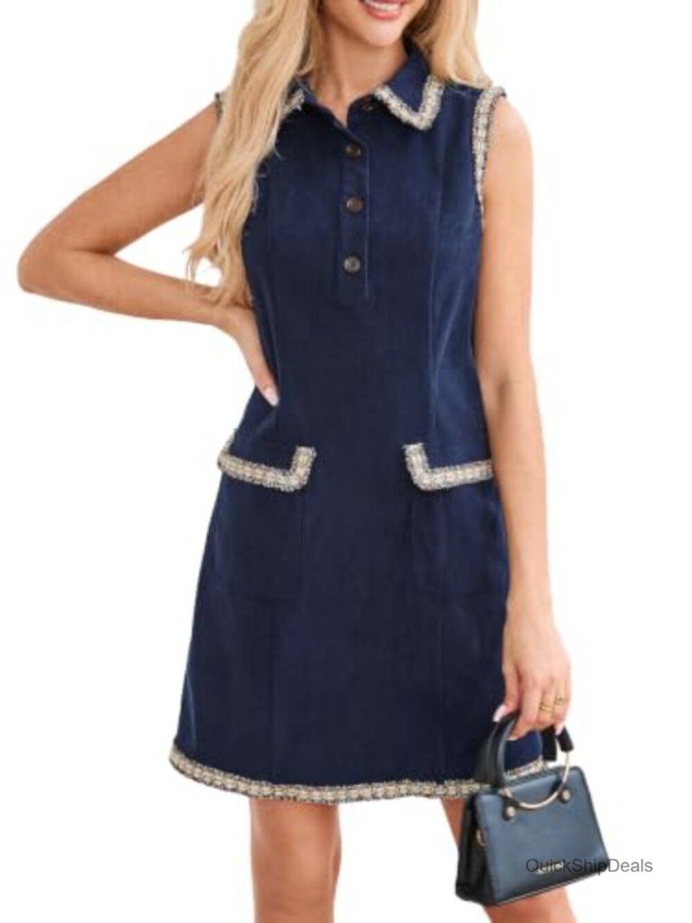 Corduroy Mini Dress Sleeveless Collared Button Front Preppy Work Dress